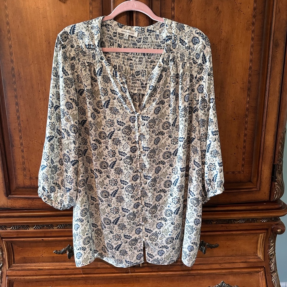 Rose & Olive Cream Blouse with Navy Floral Motif
